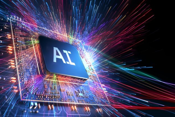 AI word on microchip and colorful light spread with strong beam , AI concept with copyspace banner background, Generative AI.