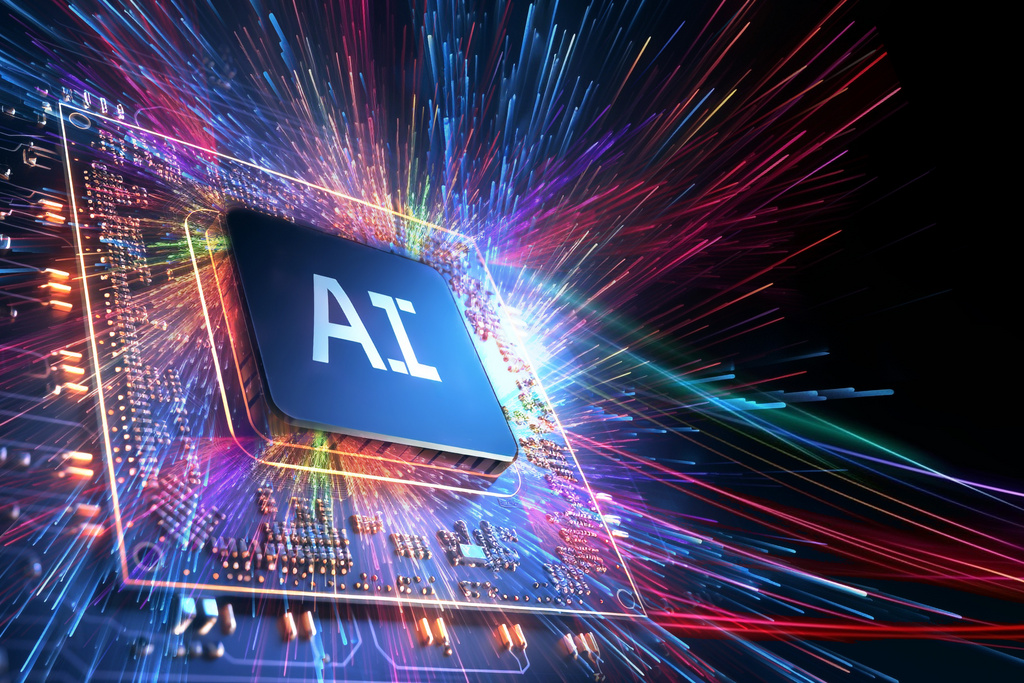 AI word on microchip and colorful light spread with strong beam , AI concept with copyspace banner background, Generative AI.